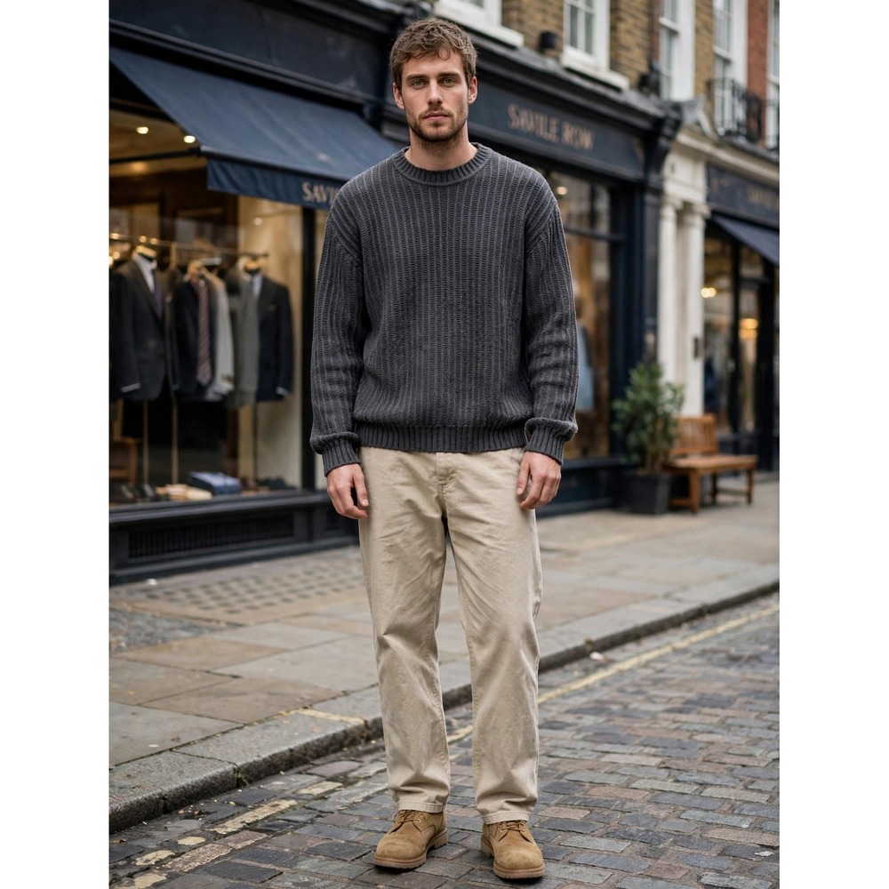 Savile Row Mens Gray Ribbed Shaker Knit Ramie Cotton Crewneck Sweater Large